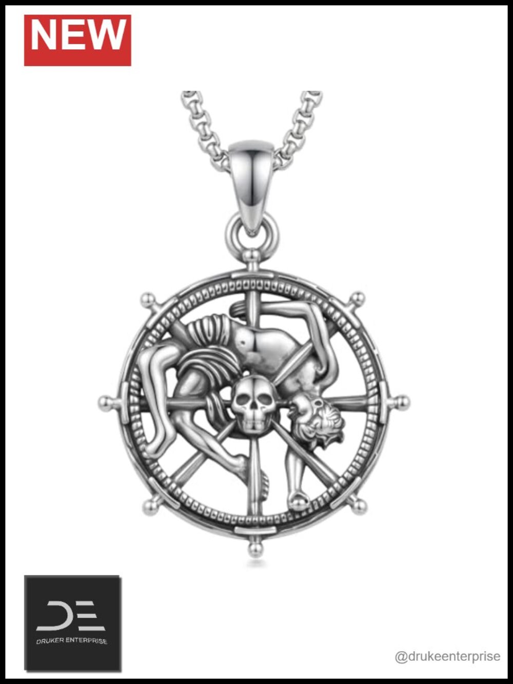 Solid 925 Sterling Silver Martyr Skull Anchor Pendant Necklace
